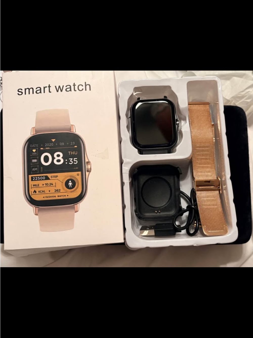 Smartwatch Black and Gold, Calls, Blood Pressure, Heart Rate, Fitness & more